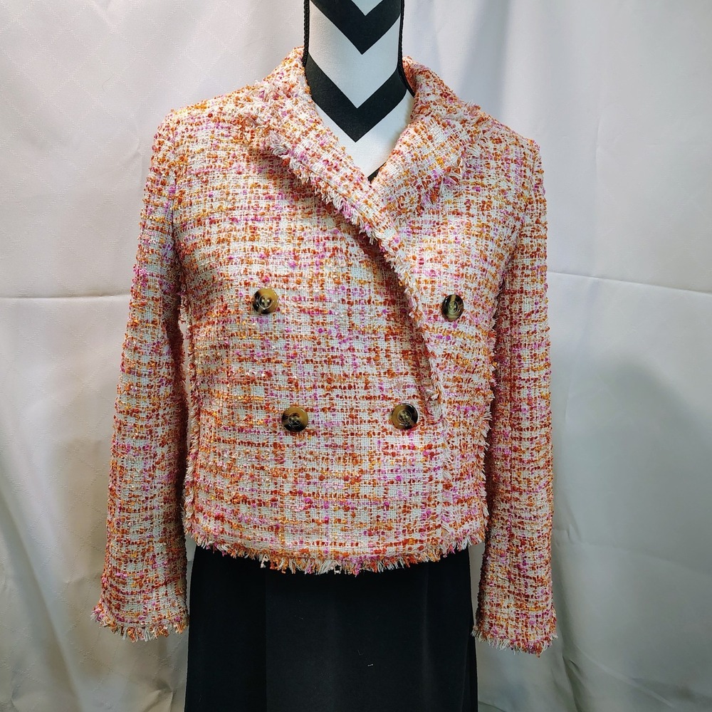 Ann Taylor 2 Pink Multicolor Tweed Fringe Trim Crop SPRING EASTER Blazer Jacket